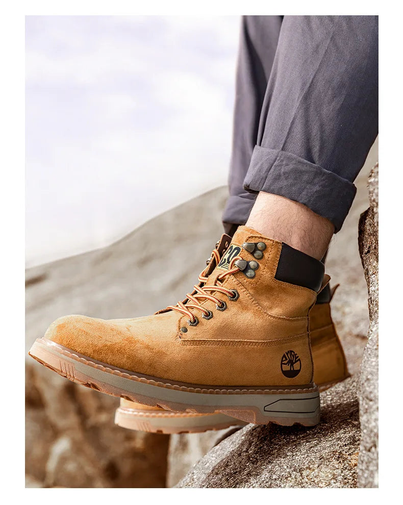 Autumn Winter Velvet Platform Boots for Men Designer Soft-soled Cow Suede Work Shoes Man Fashion Non-slip Yellow Ankle Boot Male