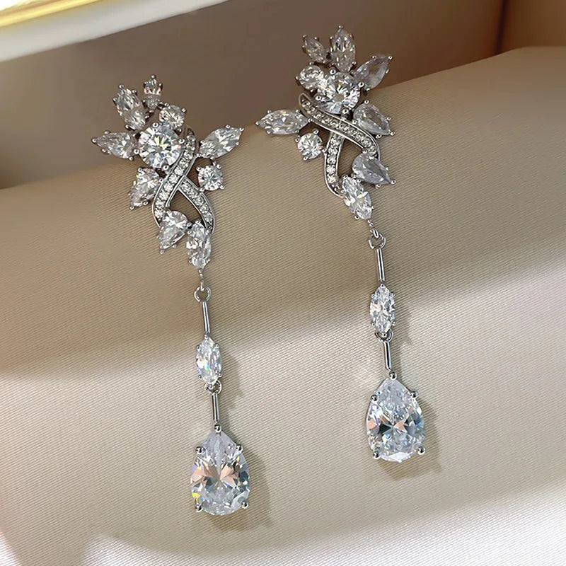 Delicate Female Earrings 925 Sterling Silver Zircon Long Hanging Earrings Women Water Droplet Shaped Horse Eye Ear Jewelry Gift