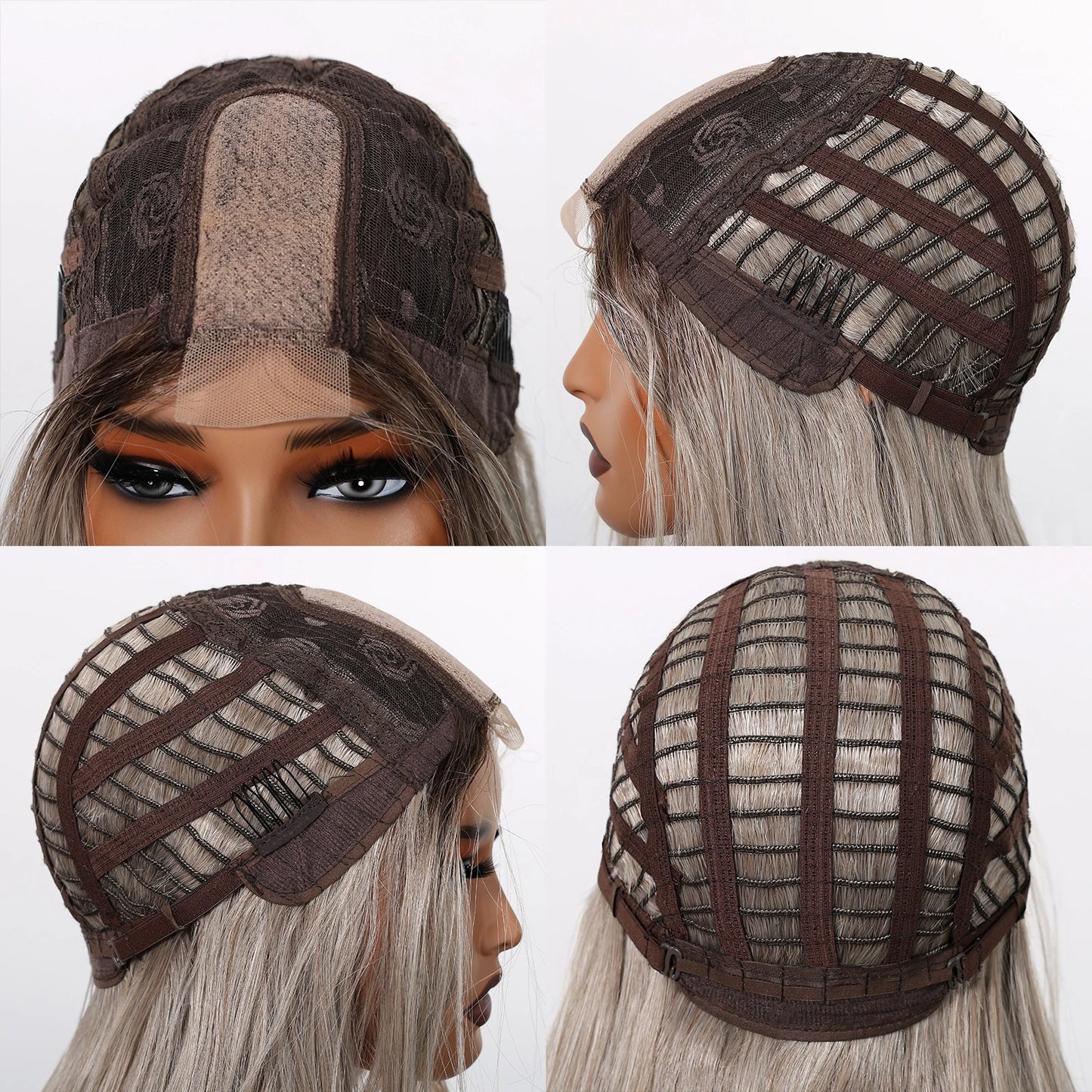 Gray Blonde Synthetic Wigs Dark Root Hairline Lace Frontal Straight Layered Wigs for Women Ladies Daily Use Wigs Heat Resistant