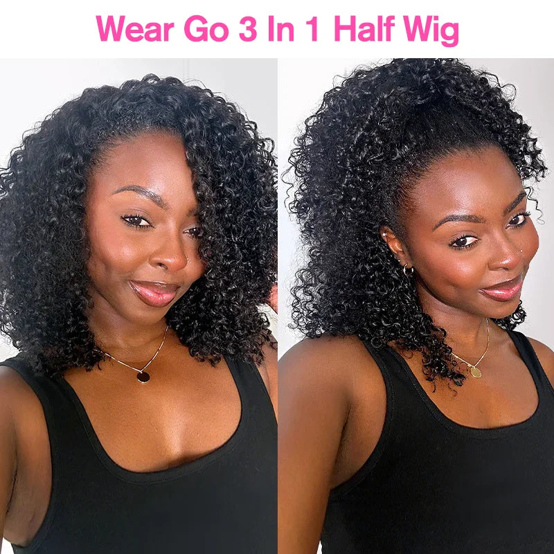 Kinky Curly Half Wig Human Hair Glueless Wear Go Wig 4C Afro Kinky Curly Headband Wig 3 IN 1 Half Wig Flip Over Clip Ins Wig