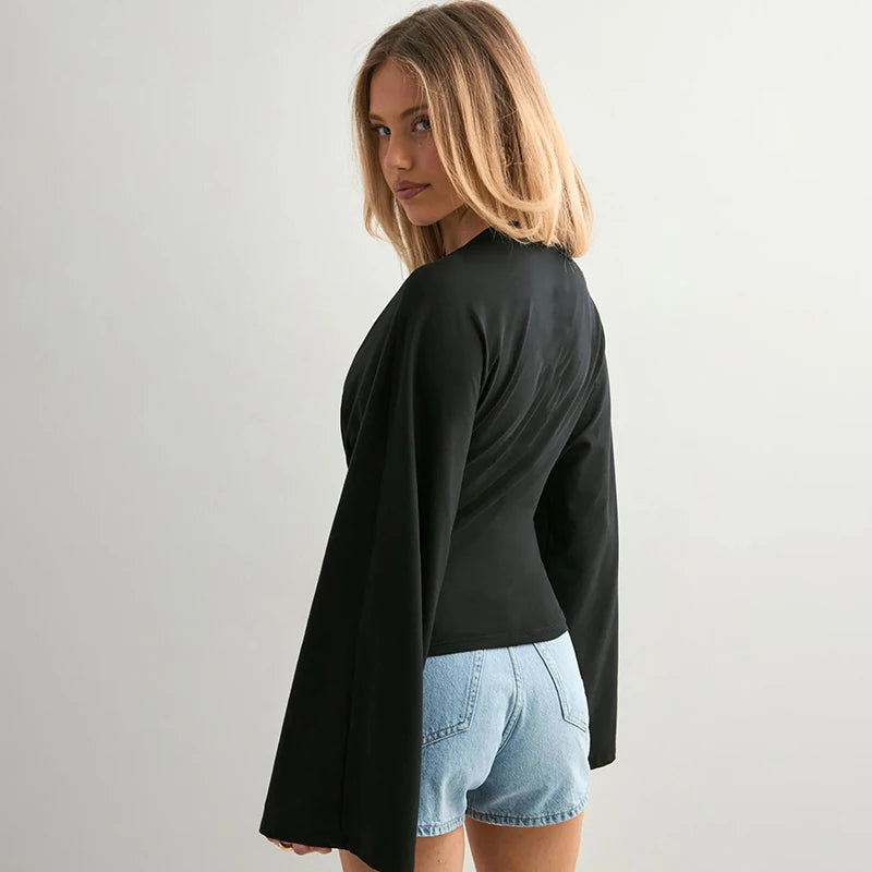 CUTENOVA Women Solid Color Round Neck Front Shoulder Wide Long Sleeves Cinched Waist Slim Top Daily Casual Simple Versatile Tops