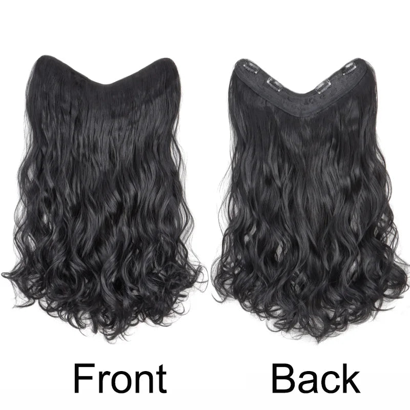 20Inch Synthetic Long Wavy Curly 4 Clip in Hair Extension V-shaped Heat Resistant Black Blonde Hairpiece for Women