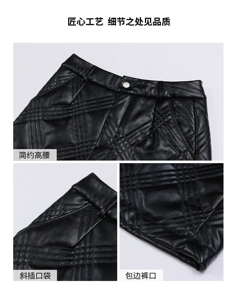 ZUZK Warm Black PU Leather Thick Bermuda Shorts For Women Winter Knee Length Shorts Motorcycle Punk High Waist Bermuda Femme