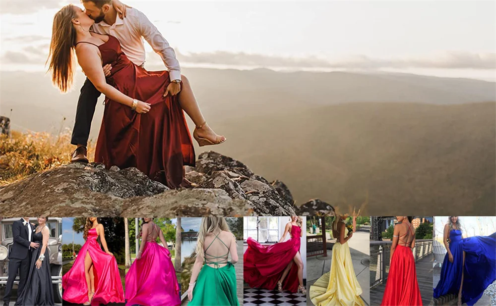 Elegant Women Maxi Beach Satin Dress Sexy Leg Slit Lace up Evening Prom Gown Adjustable Straps Bridesmaid Dresses