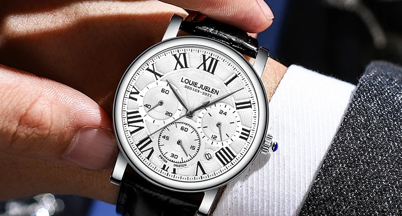 Fashion Mens Watches Top Brand Luxury Genuine Leather Strap Quartz Men's Watch Business Casual Date Chronograph Watch Men