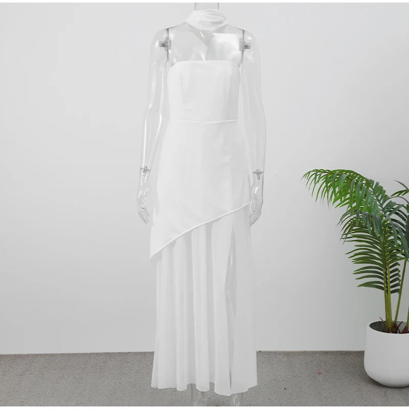 Fashion Contrast Women's V-neck Sling Long Dress For Women Elegant Pleated Backless Sleveless Maxi Dresses Lady Evening Vestidos