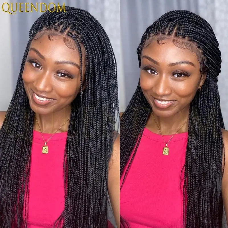 Synthetic 36 Inch Cornrow Braided Wigs for Black Women Full Lace Braids Wig Natural Black Knotless Box Wig Faux Locs Wig