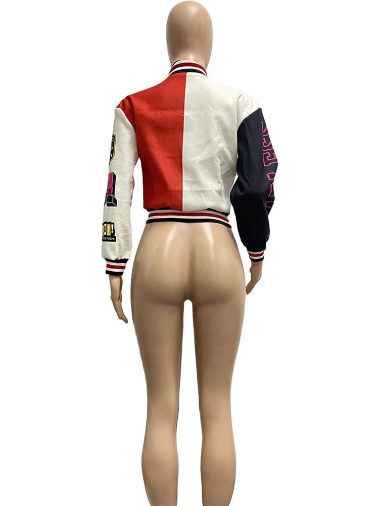 Winter Fall Jacket For Women Coat Trend O Neck Buttons Cropped Top Jacket Patchwork Baggy Blue Female Outerwear varsity jacket