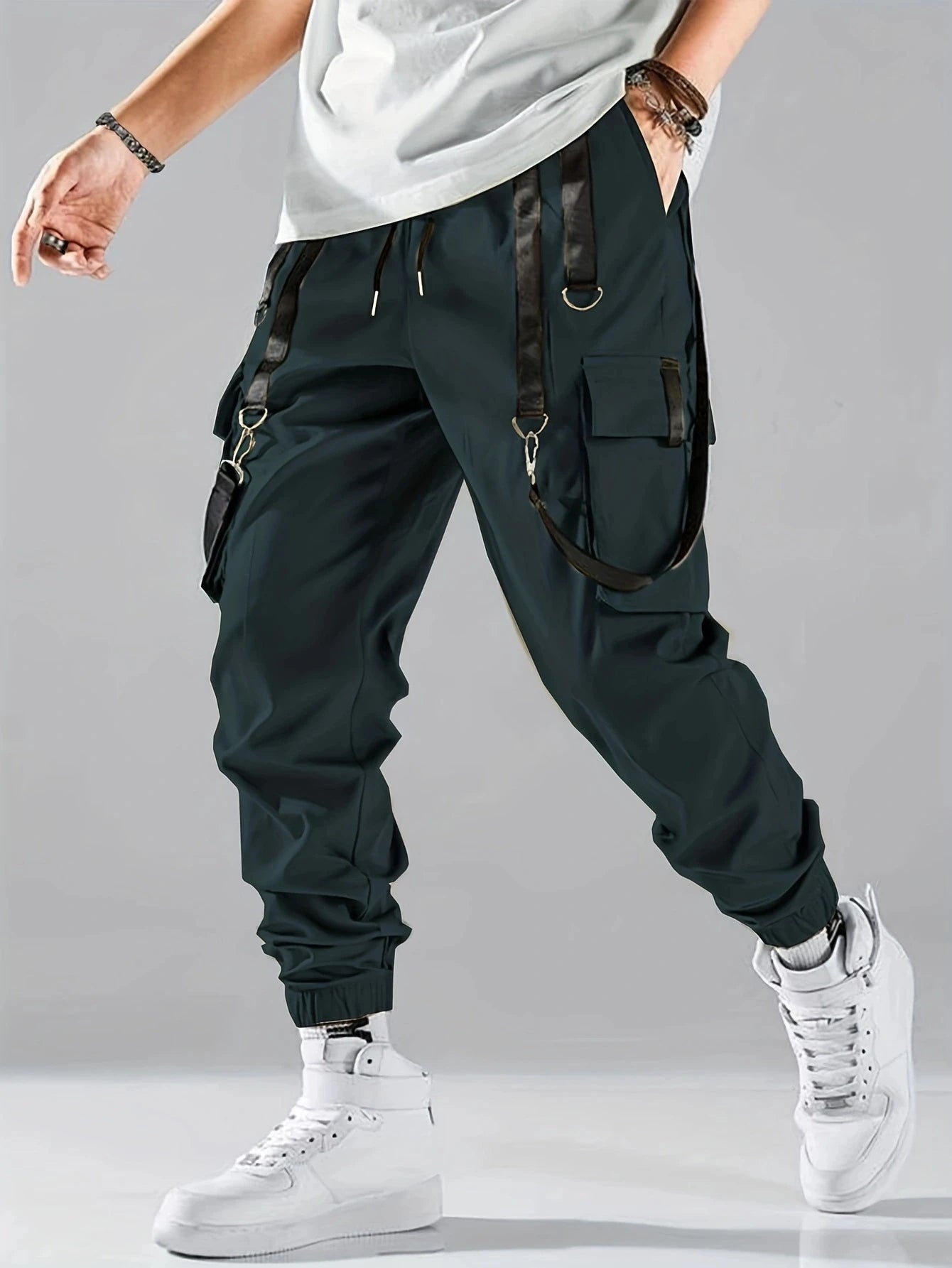 Fashion Men's Casual Techwear Drawstring Multi Flap Pockets Cargo Pants Hip hop Joggers Pant