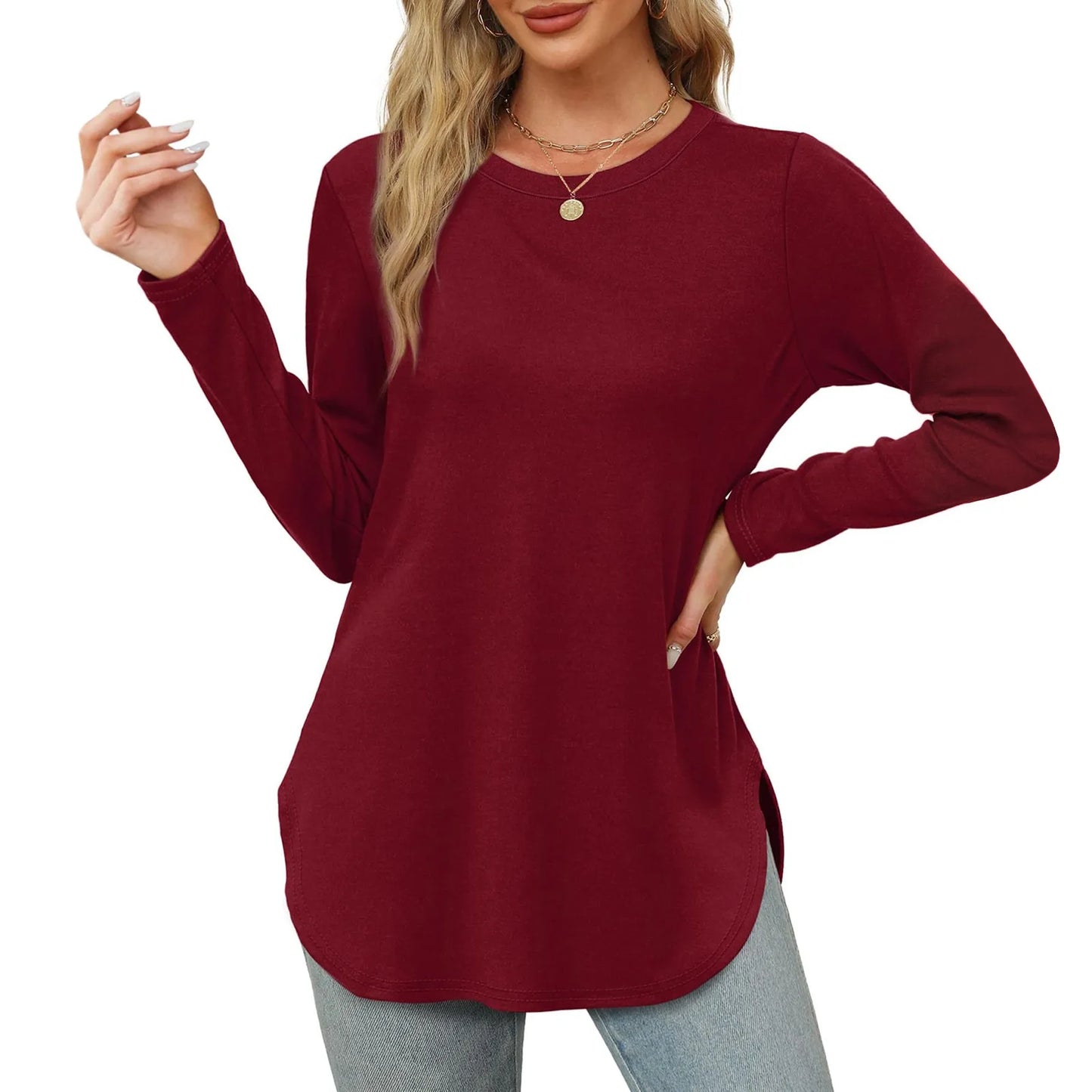 Traf 2024 Mujer Womens Long Sleeve Round Neck Shirts Side Split Basic Loose Tunic Tops Casual Shirts Ropa De Mujer Fashion