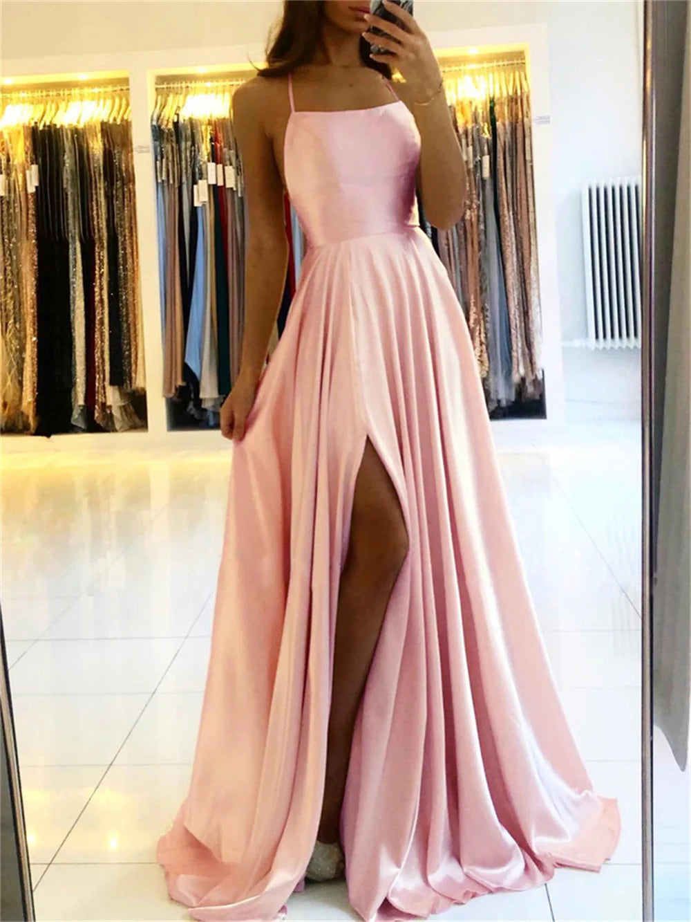 Elegant Women Maxi Beach Satin Dress Sexy Leg Slit Lace up Evening Prom Gown Adjustable Straps Bridesmaid Dresses