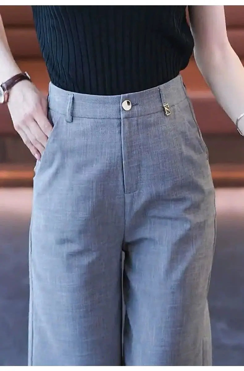 Nine-point Wide-leg Pants for Women in Summer Thin New High-waist Drooping Ice Silk Suit Women's Slim Straight Pants