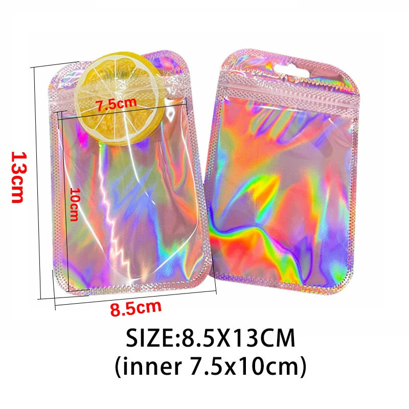 50pcs Iridescent Self Sealing Bags Pink Laser Plastic Pouches Resealable Zip Lock Packaging for Jewelry Display Retail Bags
