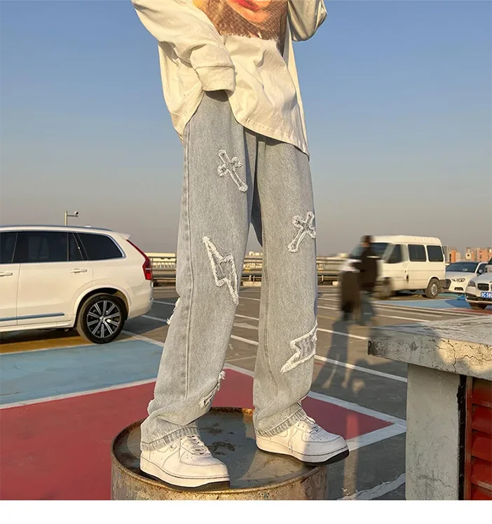 Cross Embroidery Y2k Jeans Mens Straight Denim Pants Casual Vintage Jeans Versatile Fashion Streetwear Spring High Street Pants