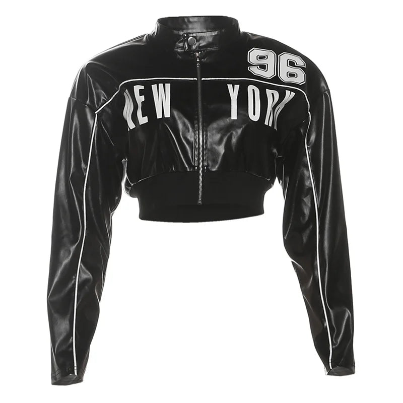 Weird Puss PU Patchwork Women Jacket Letter Print Hipster Button Zip Full Sleeve Trend Cool Street Spring Outwear Crop Coat