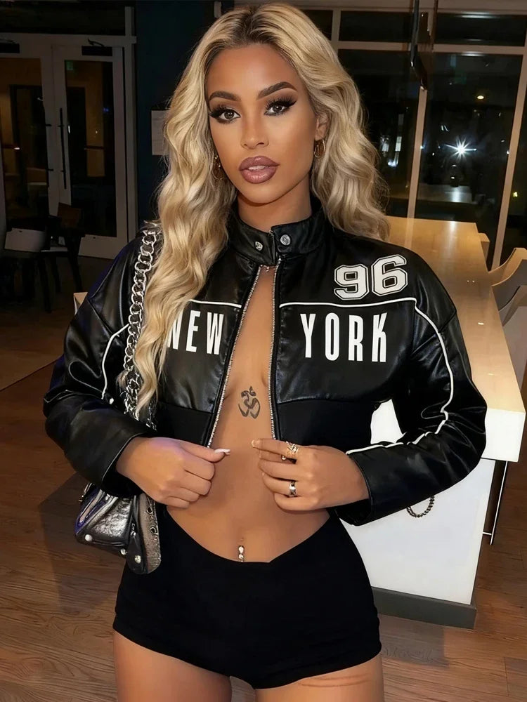 Weird Puss PU Patchwork Women Jacket Letter Print Hipster Button Zip Full Sleeve Trend Cool Street Spring Outwear Crop Coat