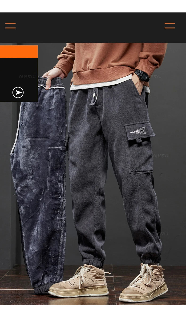Winter Men's Fleece Warm Cargo Corduroy Pants Jogging Sweatpants Work Y2k Korean Pants Loose Harem Casual Trousers for Men