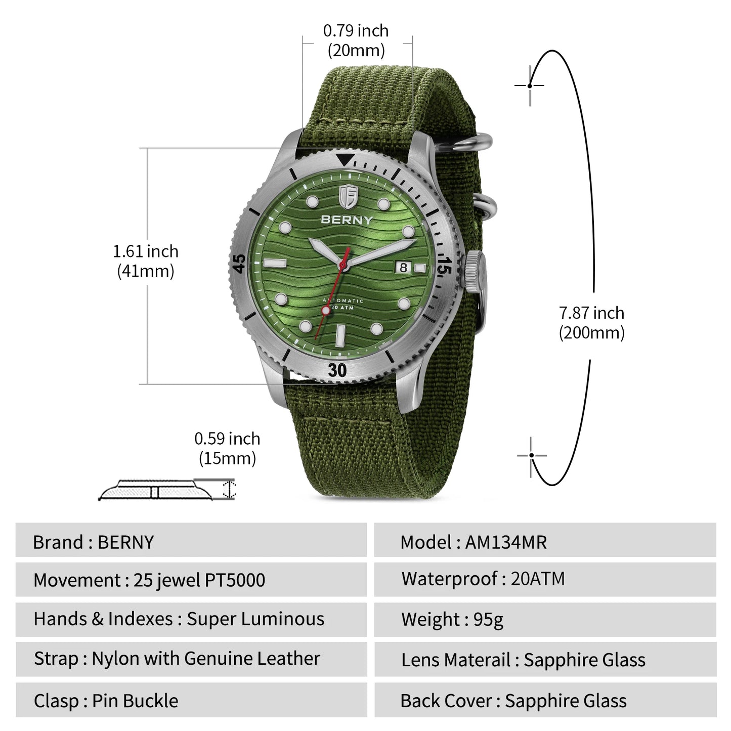 BERNY Top Automatic Diver Watch for Men PT5000 Movement 20ATM Waterproof Luminous Sapphire Lens Sport Swimming Diving Watch Men