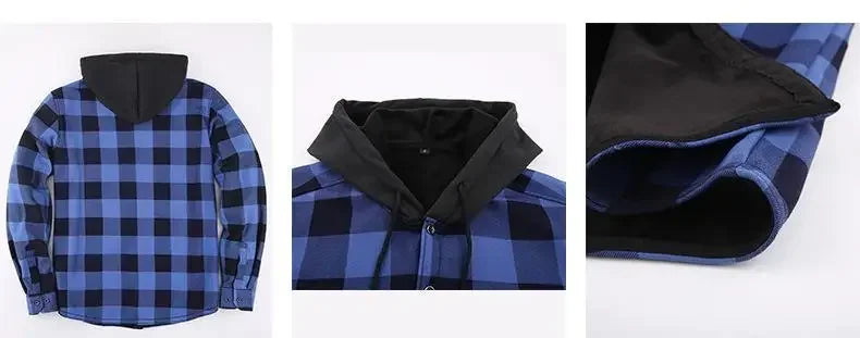 Plus Size Men's Hooded Plaid Shirt Warm Fleece Lined And Thickened Top Long Sleeve Outerwear For Autumn/Winter