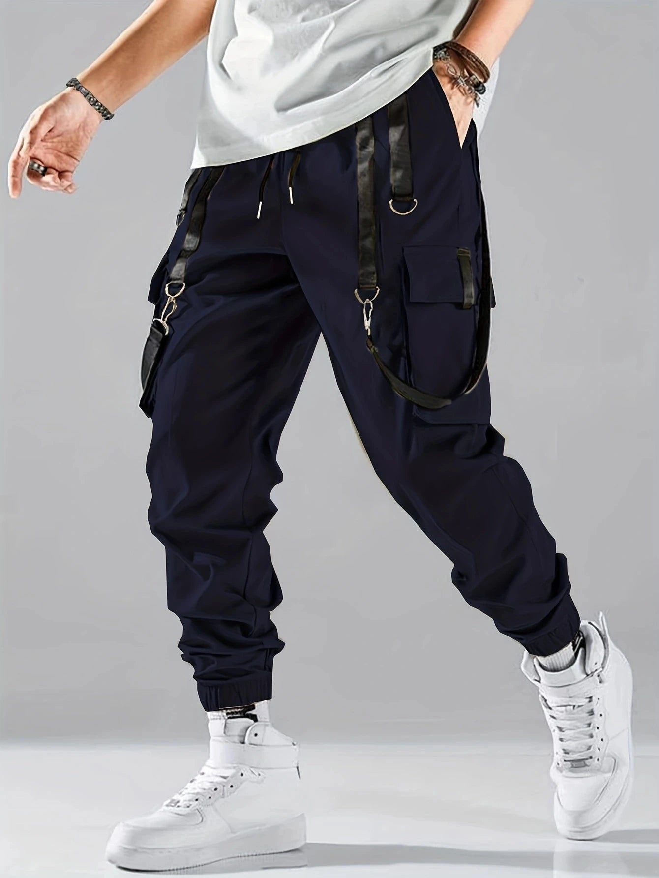Fashion Men's Casual Techwear Drawstring Multi Flap Pockets Cargo Pants Hip hop Joggers Pant