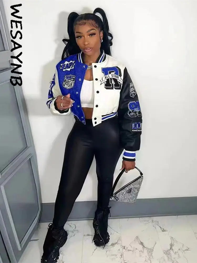 Winter Fall Jacket For Women Coat Trend O Neck Buttons Cropped Top Jacket Patchwork Baggy Blue Female Outerwear varsity jacket