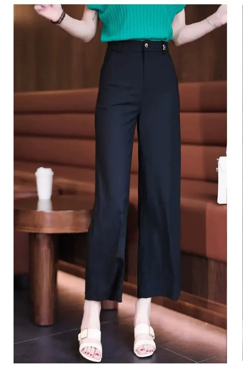 Nine-point Wide-leg Pants for Women in Summer Thin New High-waist Drooping Ice Silk Suit Women's Slim Straight Pants