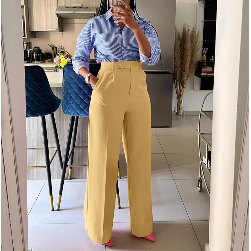 Autumn Casual High Waisted Pants Women Chic Fashion Solid Button Pocket Straight Leg Wide Leg Casual Pants Women