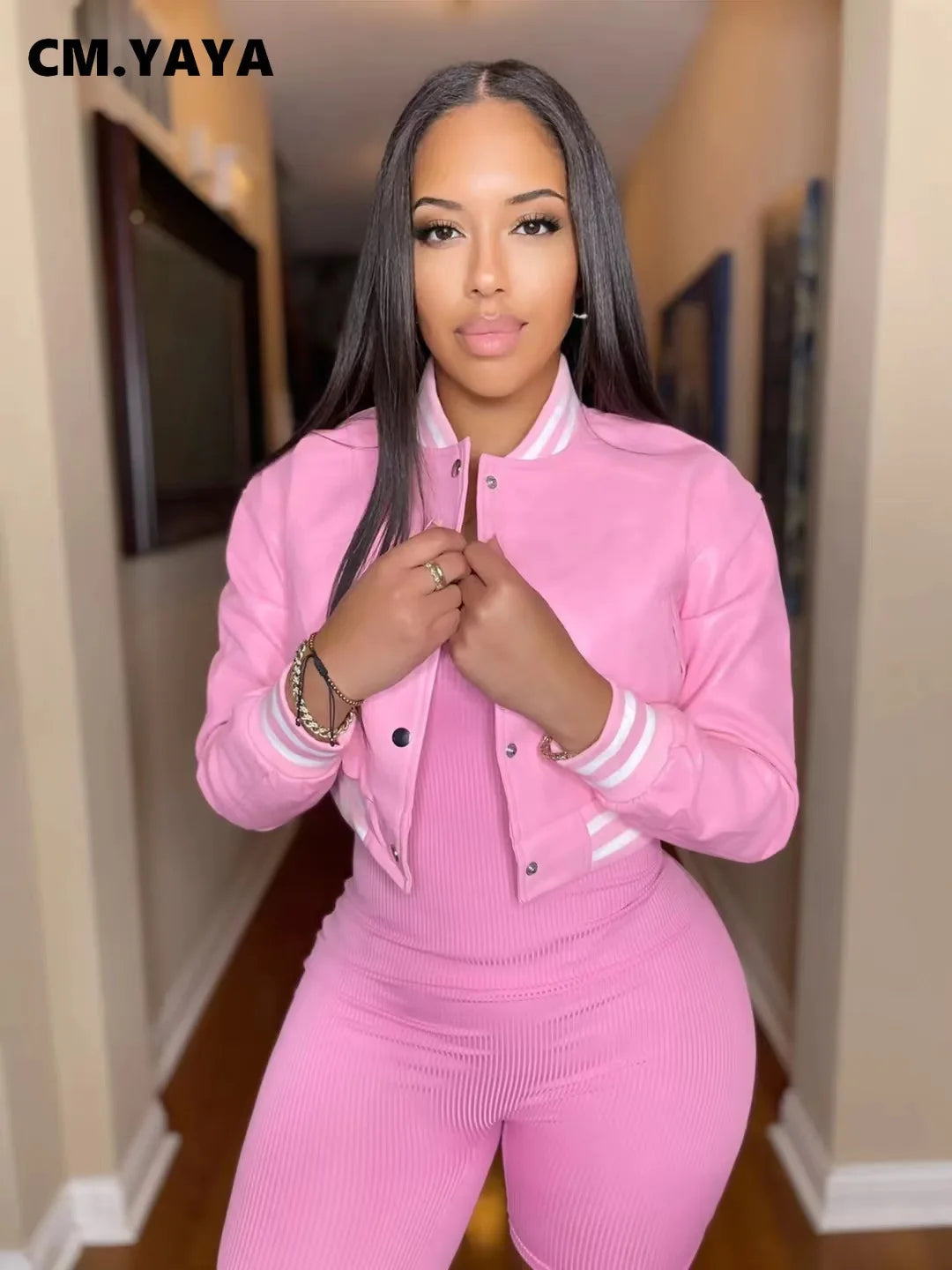 CM.YAYA Women Faux Leather Striped Side Baseball Single Breasted Jacket Winter Autumn INS Streetwear Active Outcoat