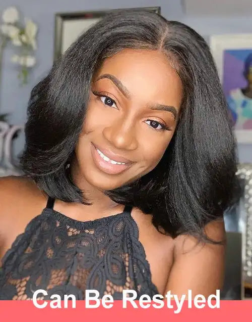 Kinky Straight Short Bob Human Hair Wigs for Women 13x4 Transparent Lace Frontal Peruvain Remy Hair Soft Yaki Straight Bob Wig