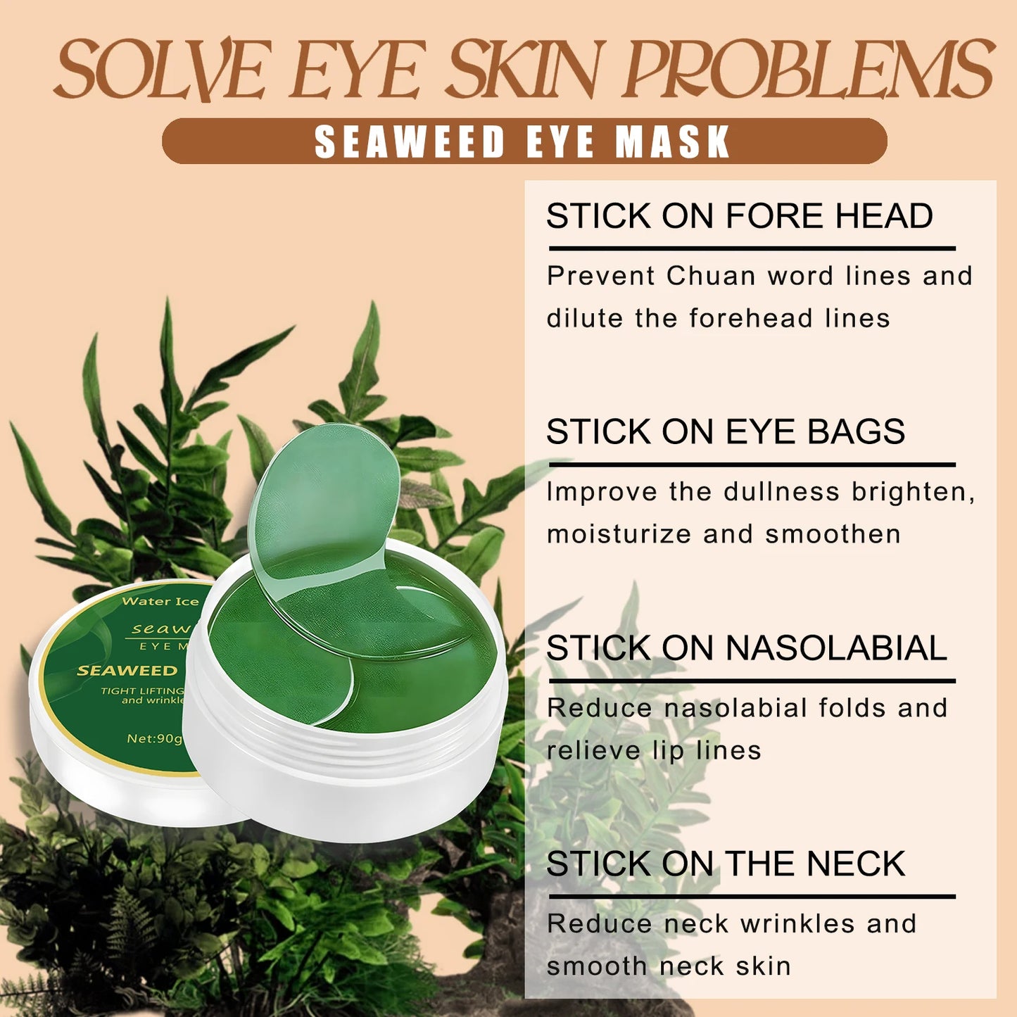 Seaweed Eye Mask; Rich in Seaweed, Collagen and Hyaluronic Acid, Smoothes Fine Lines, Fades Dark Circles, Tightens and Nourishes the Skin, Makes the Skin Smoothes and Softens the Eyes