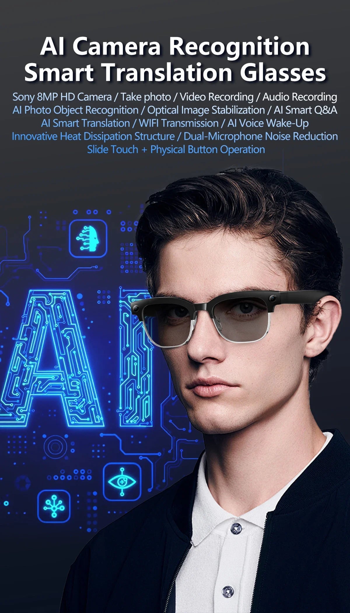 Smart AI Translation Smart Glasses Take Photos Recognizing Objects 4K Camera Bluetooth Music Call Intelligent Recording Glasses