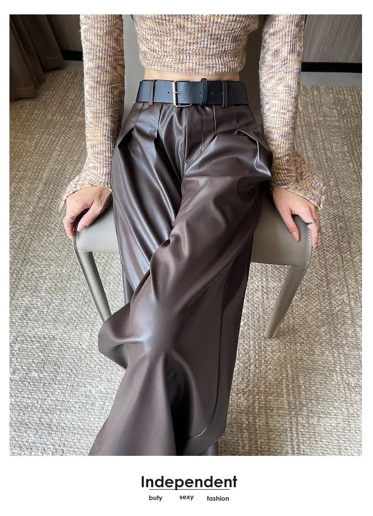 High Waist Wide Leg PU Leather Pants Women's Suit Casual Floor Length Trousers Autumn Winter New Style Loose Fit Long Pants