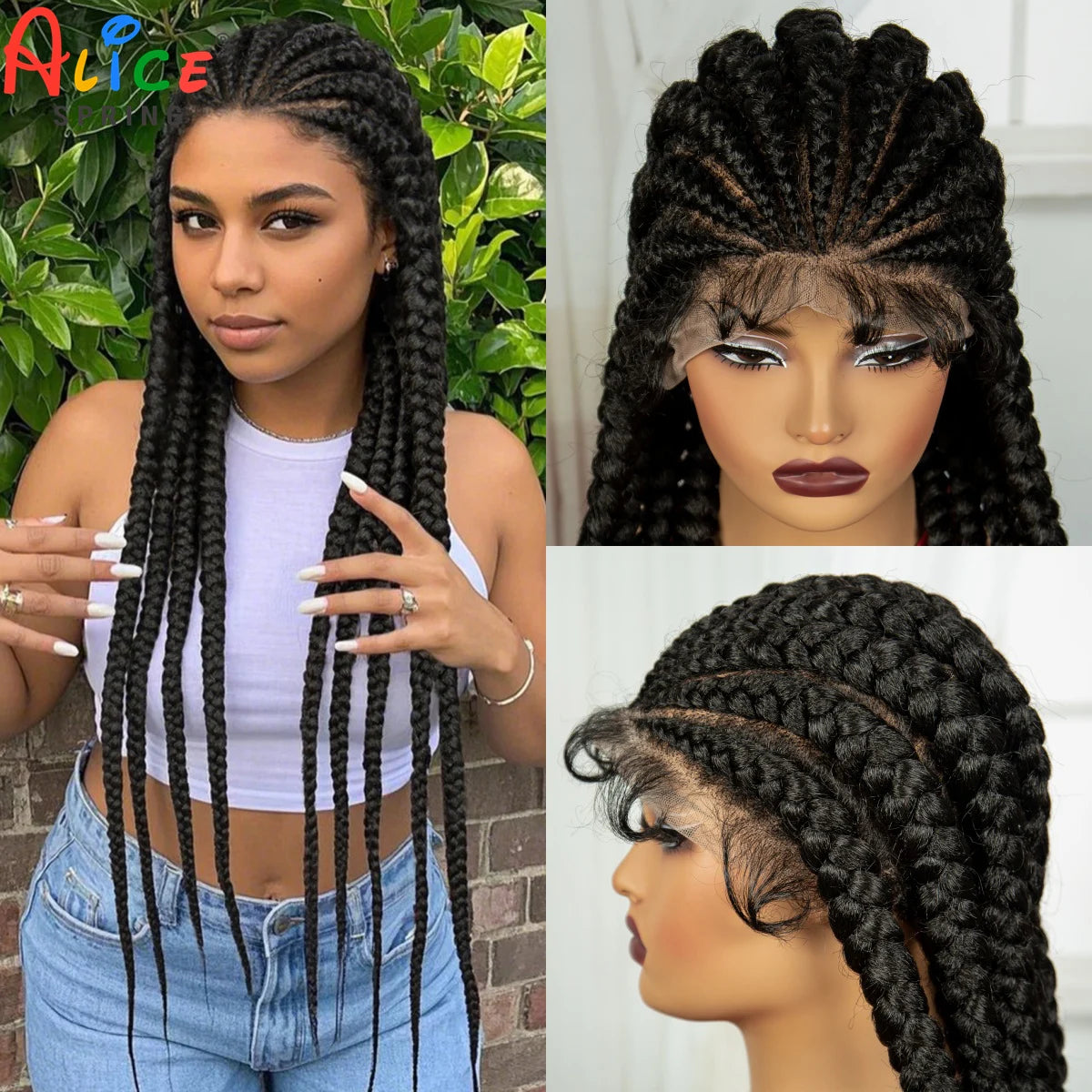 32INCH Cornrow Braided Wigs Synthetic Full Lace Braids Wig with Baby Hair Lace Frontal Knotless Braided Lace Wig for Black Women