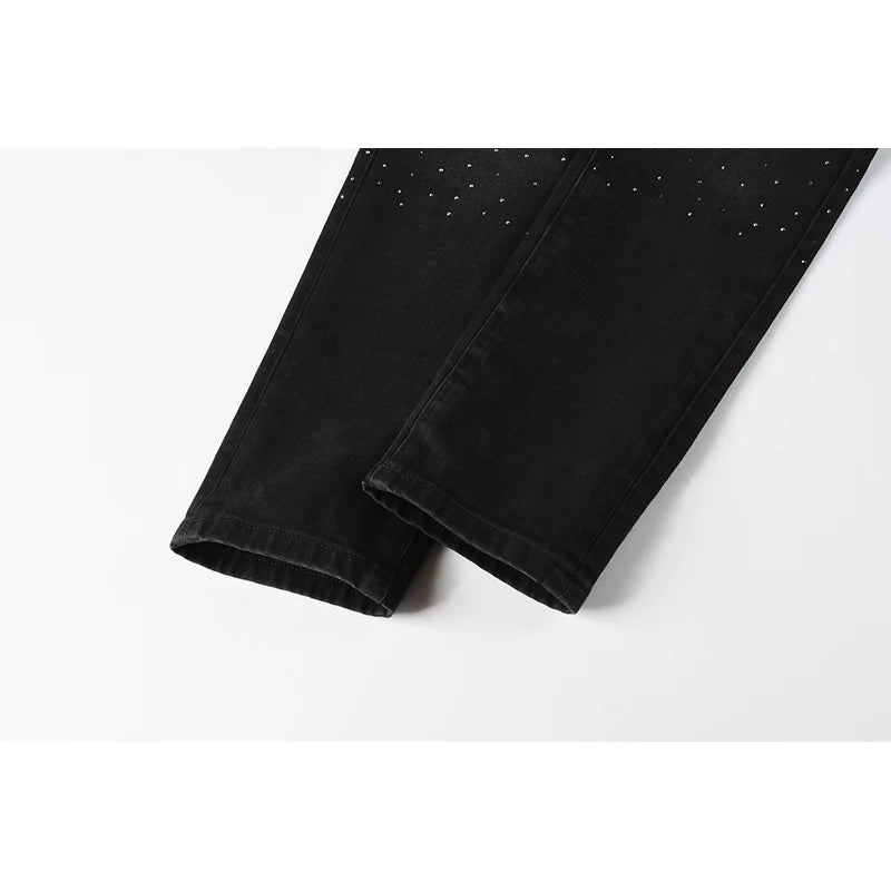 Black Men's American High Street Distressed Rhinestones Patterns Skinny Ripped Button Fly Jeans Pants