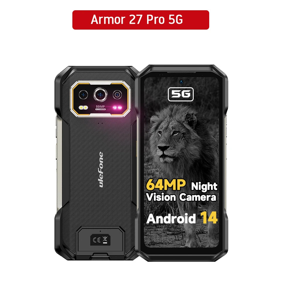 Ulefone Armor 27 Pro 5G Rugged Phone 10600mAh Smartphone 50MP Camera 64MP Night Android 14 Up to 24GB+256GB NFC Waterproof Phone