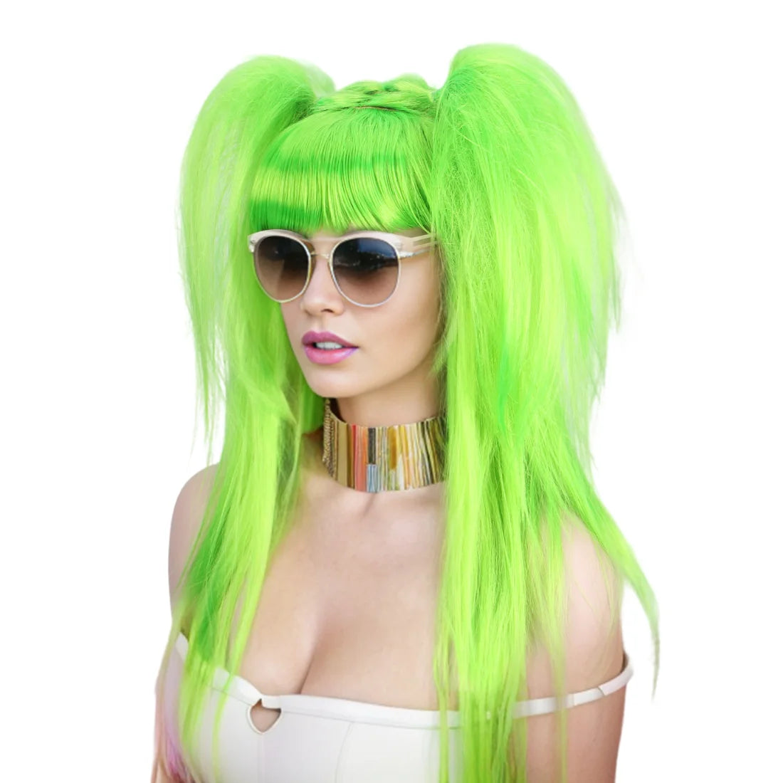 Anxin Long Green Straight Party Double Ponytail Wig