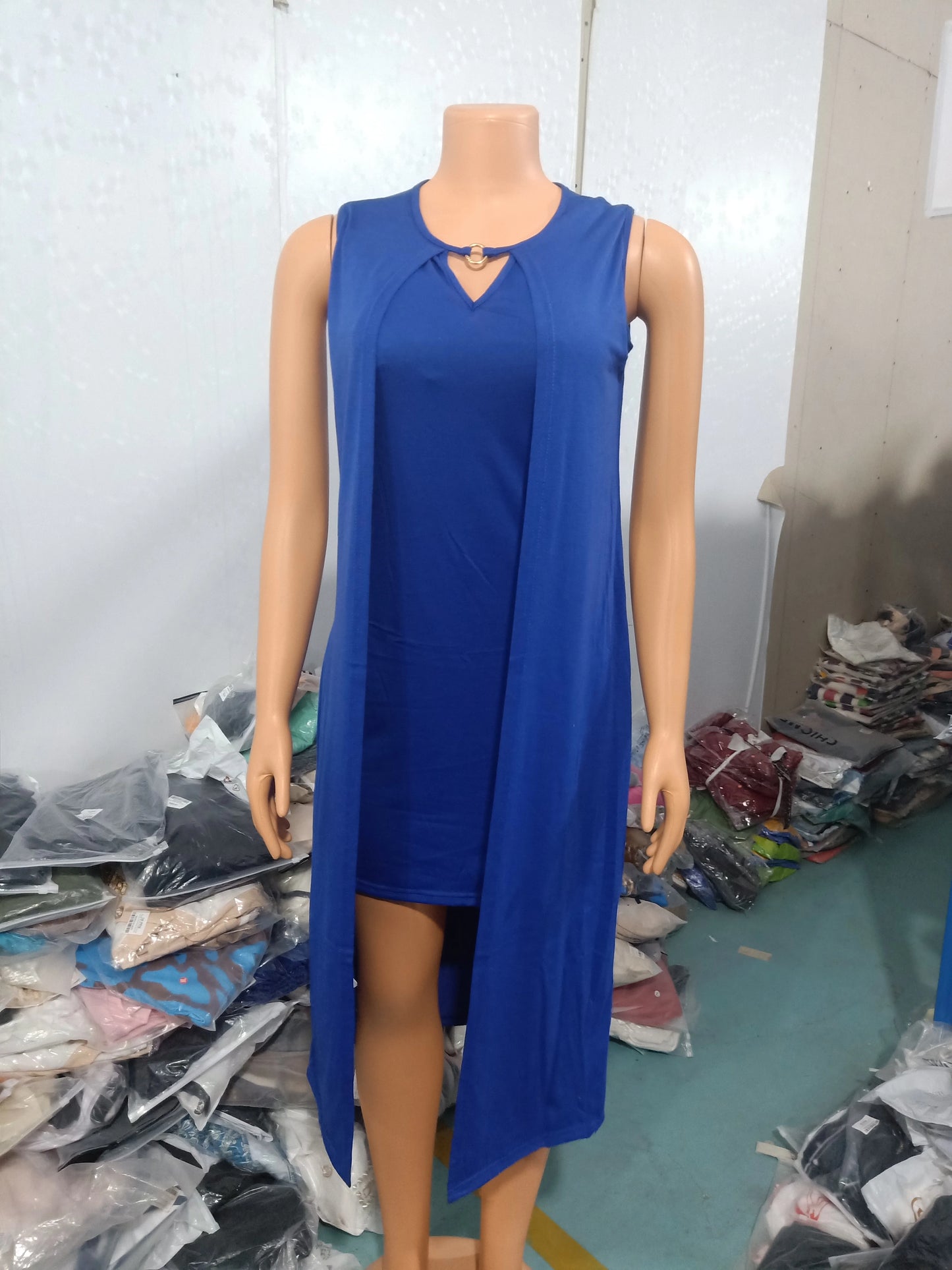 Dresses for Women 2023 Summer Fashion Keyhole Neck Sleeveless Cutout O-Ring Decor Slit Asymmetrical Casual Dress Clothing