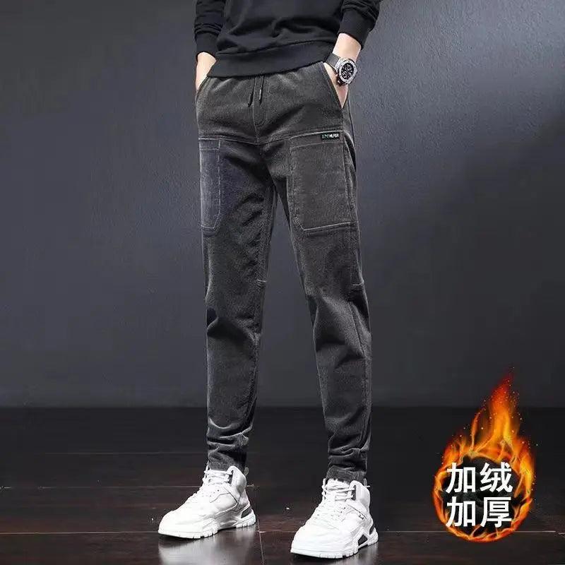 Winter Pants Men Work Wear Baggy Brushed Joggers Streetwear Elastic Waist Male Korean Designer Corduroy Plush Thicken Trousers