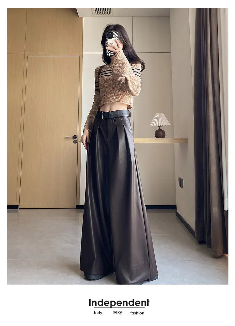 High Waist Wide Leg PU Leather Pants Women's Suit Casual Floor Length Trousers Autumn Winter New Style Loose Fit Long Pants