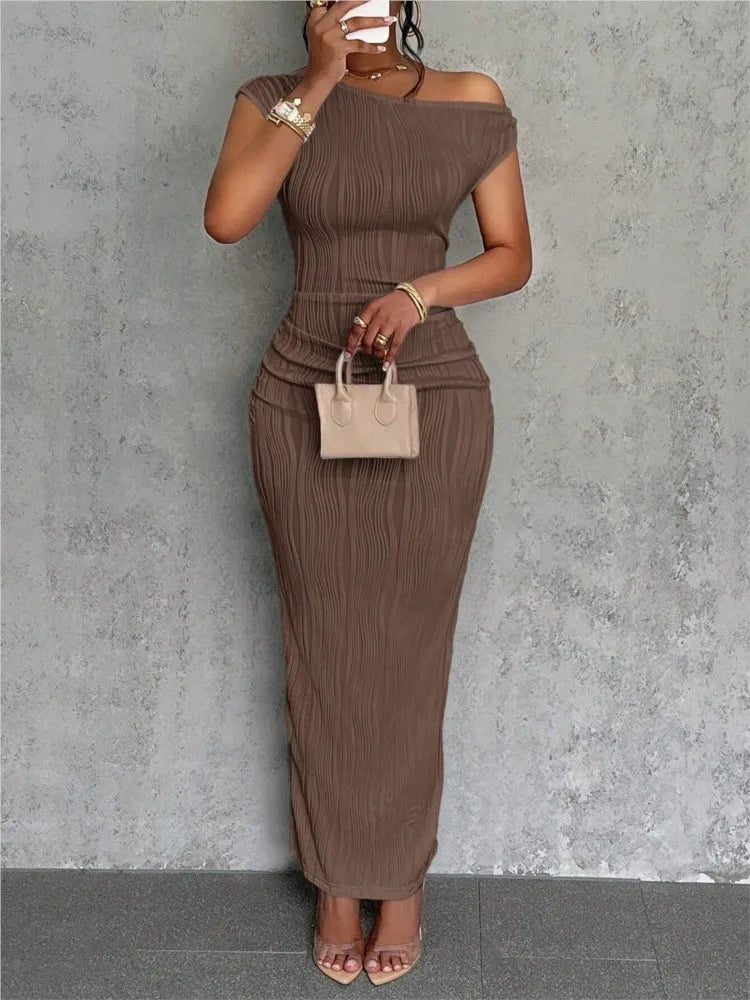 Fashion Water Ripple Slanted Shoulder Dress Women's Elegant And Simple Solid Color A-line Collar Mid-waist Sexy Hip Wrap Skirt