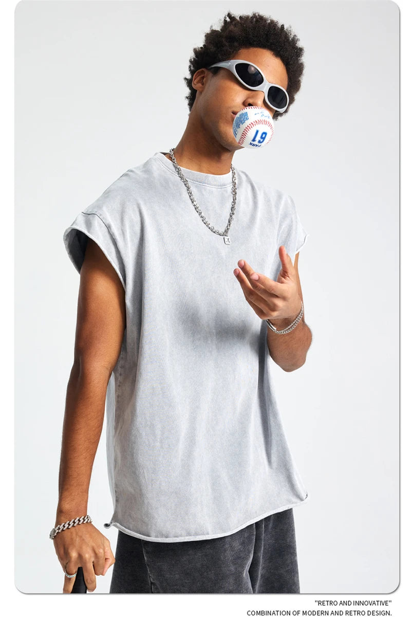 ZODF Trendy Summer Men Batik Washed 275gsm Cotton Tank Tops Unisex Oversized Loose Edge Sleeveless Vests Brand Tees HY1036