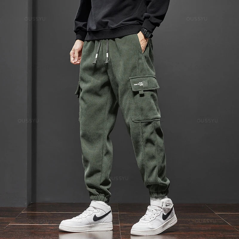 Winter Men's Fleece Warm Cargo Corduroy Pants Jogging Sweatpants Work Y2k Korean Pants Loose Harem Casual Trousers for Men