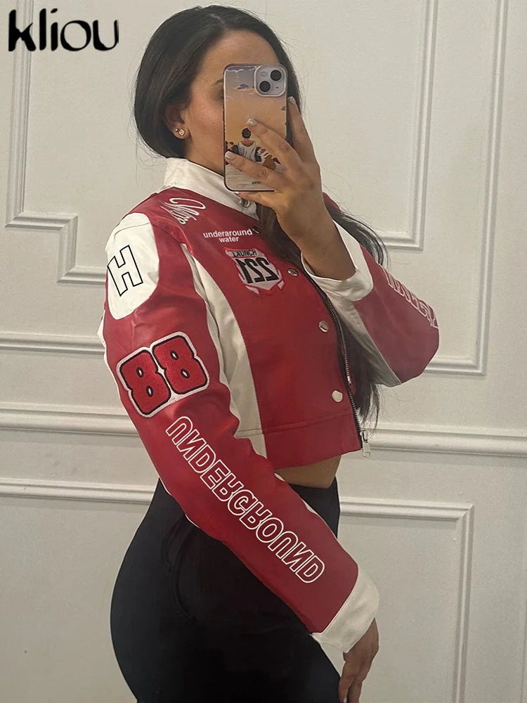 Cutenew Panelled Feather Women Coats New Letter Print Patchwork Buttons Full Sleeve Zip-up Crop Jackets Female Street Outwear