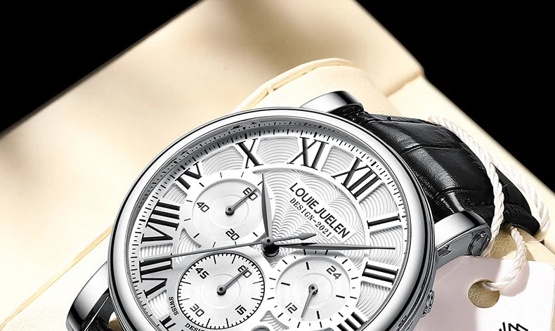 Fashion Mens Watches Top Brand Luxury Genuine Leather Strap Quartz Men's Watch Business Casual Date Chronograph Watch Men