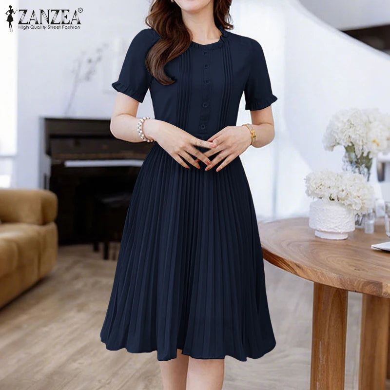 2025 ZANZEA Elegant Women Midi Dresses Summer Office Work Dress Short Sleeve O Neck Party Vestidos Pleated Sundress Robe Femme