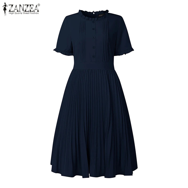 2025 ZANZEA Elegant Women Midi Dresses Summer Office Work Dress Short Sleeve O Neck Party Vestidos Pleated Sundress Robe Femme