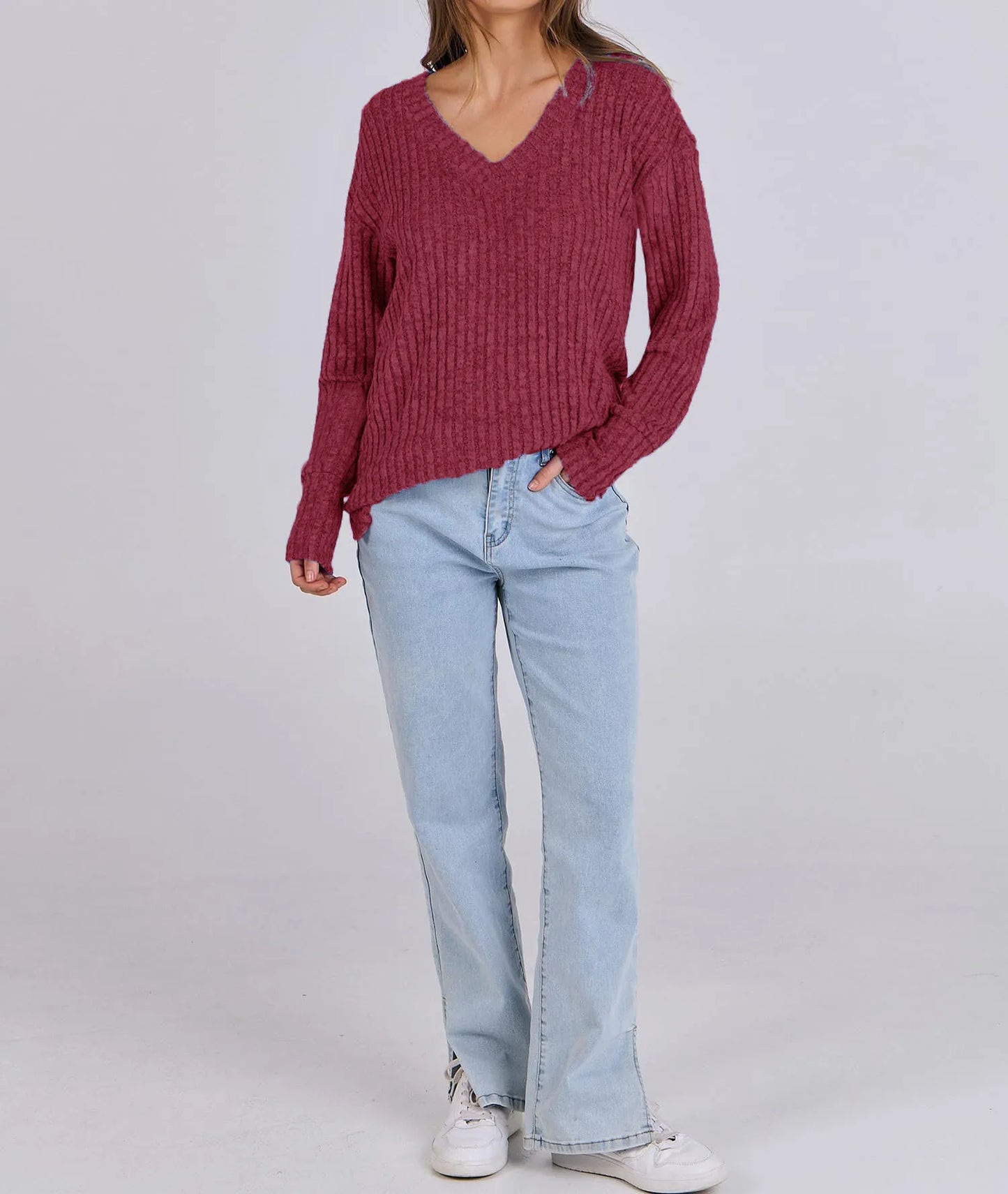 Women's Long Sleeve V-Neck T-Shirt Pit Stripe Milled Fashion Temperament Top