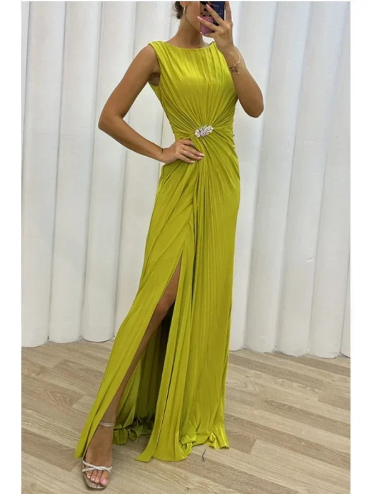 Women Sexy Dress New Sleeveless Solid Party Slim Empire Split Female Elegant Round Neck Fashion Long Clothing