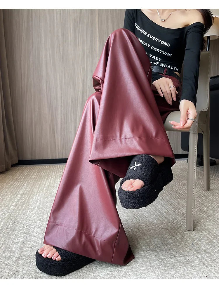 High Waist Wide Leg PU Leather Pants Women's Suit Casual Floor Length Trousers Autumn Winter New Style Loose Fit Long Pants