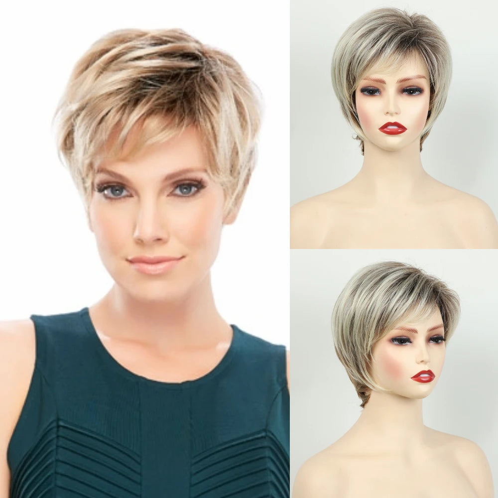 MSIWIGS Women's Short Pix Cut Blonde Straight Wig Natural Synthetic For White Lady Daily Wear High Tempreture Fiber